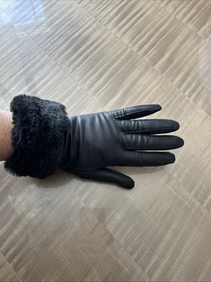 H&M 100% Leather Glover faux Fur Trim Sz L runs small New