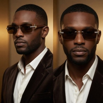 Rimless Sunglasses Wood Grain Frame Gold Accents Brown Lens Men Buffs Hip Hop