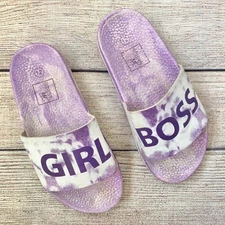 EXTREMELY ME Girls “Girl Boss” Tie Dye Slip On Sandals Size 12 Purple/White