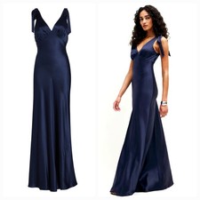 Reformation Pernille Silk Maxi Dress Tie Strap V Neck Formal Gown XS Navy Blue