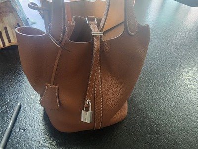 Brown Bucket Bag for Women with Padlock Accent, Clochette, Drawstring Closure