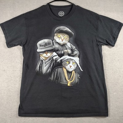 Dom Mens L Black Graphic Cat Shirt Hip Hop Rap Tee Funny Streetwear EUC PAC BIG