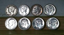 lot of 8 Silver Dimes, 2 Merc. , 6 Roos. , 27, 44, 60, 63, 2-64P, 2-64D. 1 Bonus