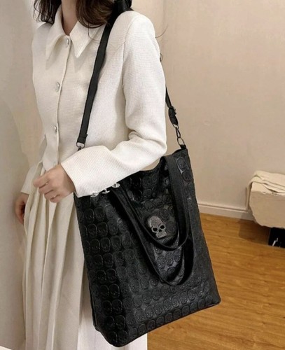 Heavy Metal Skull Tote - Black Leather Look Handbag Large Unisex Shopper Bag - Picture 5 of 5