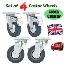 4x Castor Wheels Large 100mm Heavy Duty 600KG Rubber Swivel Furniture Caster UK