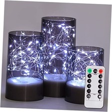 Flickering Flameless Candles with Remote, Embedded String Lights in Gray