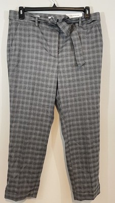 NEW LOFT Devin Slim Gray Plaid Metallic Ankle Pants women 12 Belt Cuff academia