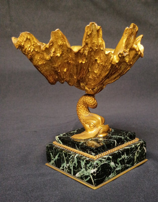 Antique 19th C fine cast Dore Bronze Dolphin Shell Tazza French Sculpture
