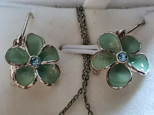 Collana FIORE 🌼VERDE orecchini argento catenina strass BLU pietre SMALTO parure - Foto 5 di 6