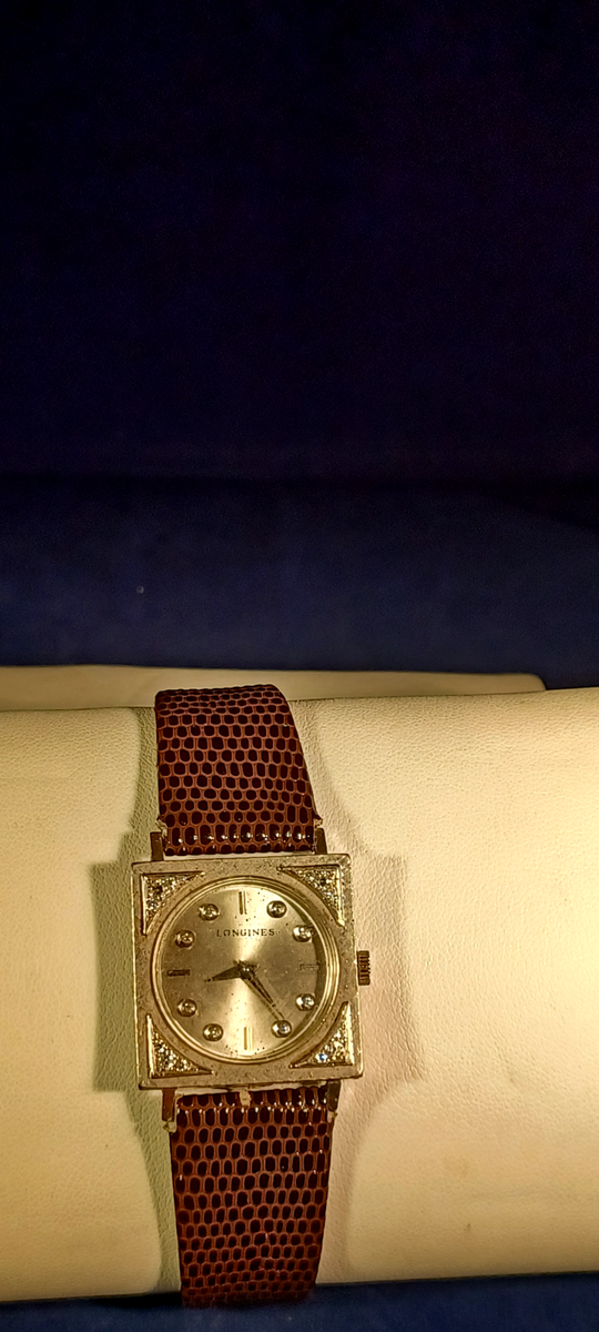 LONGINES Solid White Gold & Diamond Vintage C.1940's Square Watc