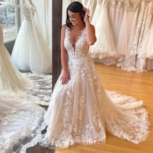 Floral Wedding Dresses V Neck Beach Boho Sweep Train Sleeveless Bridal Gowns - Picture 2 of 11