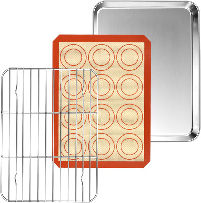 Small Toaster Oven Pan with Rack & Mat Set, 10.4 Inch Stainless Steel 