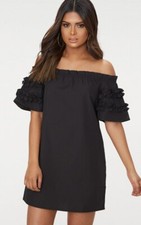 NEW Pretty Little Thing Petite Black Shift Dress • Ruffle Sleeve • Size 4