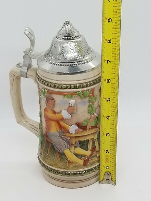 Vintage Gerz West German Beer Stein Lidded 94% Zinn Friends