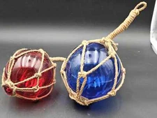 Lot of 2 Decorative Glass Fishing Float Buoy Balls  Blue & Red W/ Nets