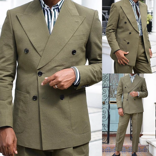【Rrrr】DOUBLE LAPELED DOUBLE BREASTED Green Seersucker Men's Suit Double Breasted Peak Lapel
