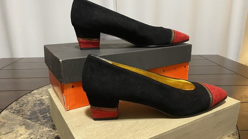 VTG Anne Klein Couture Suede Red & Black Pumps Shoes SZ 8.5N Made In Italy New - Picture 15 of 19