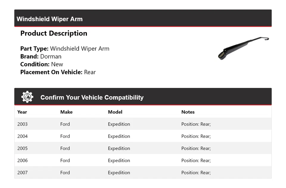 Brazo limpiaparabrisas trasero para Ford Expedition Dorman 2003-2007 2004 2005 2006 Foto 2 de 4