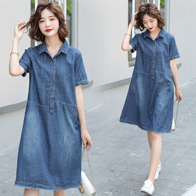 casual short sleeve denim dress Tmoyzq Denim Shirt Dress for Women Short Sleeve Casual V Neck High Low Bottom Jeans Dresses with Pockets
