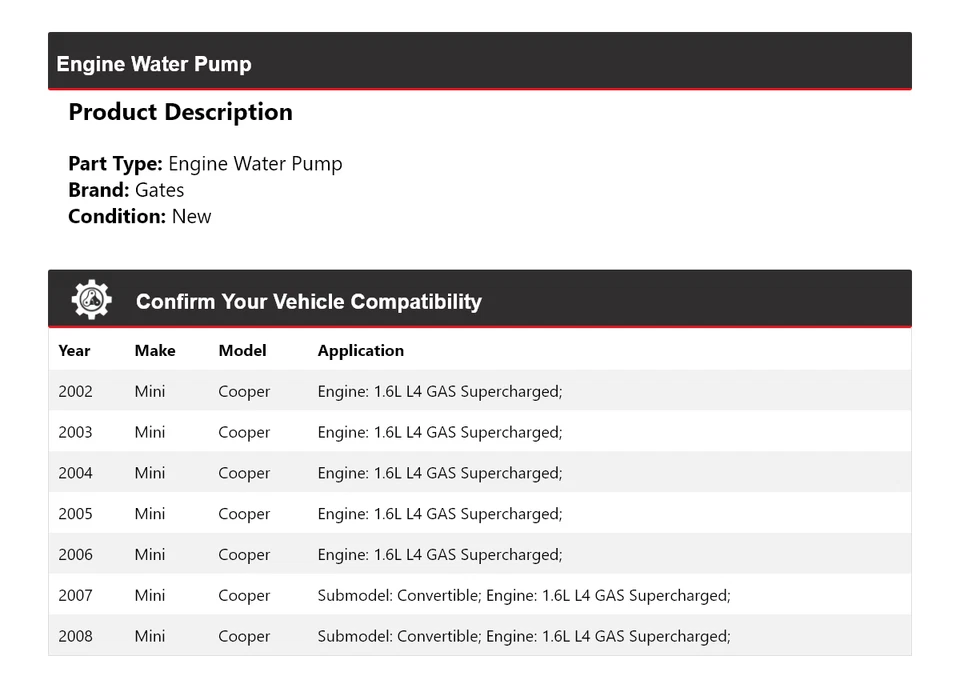Para Mini Cooper 2002-2008 1,6 L L4 GAS motor sobrealimentado bomba de agua puertas 2003 Foto 2 de 4