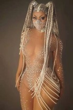 See Through Jumpsuits Women Pearl Rhinestone Dancer Rave Festival Outfit