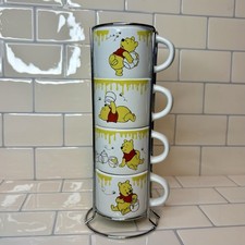 DISNEY Winnie the Pooh Bear Stacked Mug Set of 4 Metal Rack Espresso Cups Cute 