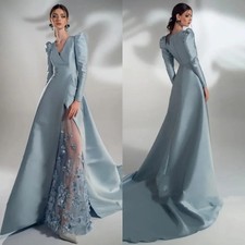 Satin Flower Beading Ruched A-line V-neck Evening Dress 