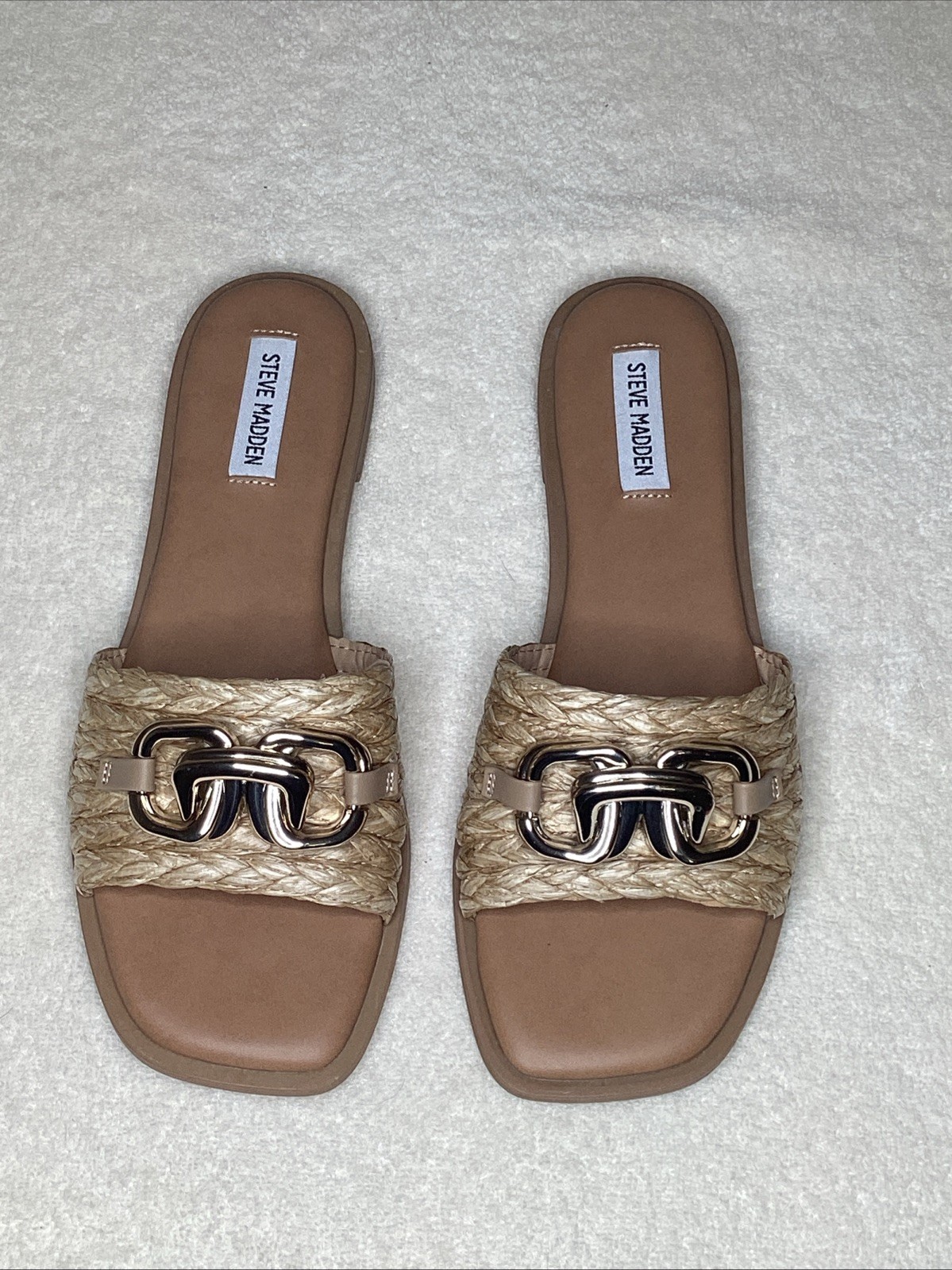 Steve Madden Woven Raffia Slide Sandals Women’s Size 10 - Gold Chain Boho