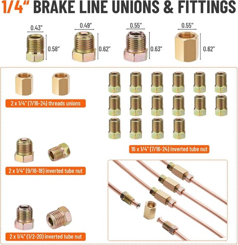 3/16 + 1/4 25FT Copper Brake Line + Flaring Tools + 44 Nuts Fittings Repair Kit - Picture 6 of 14