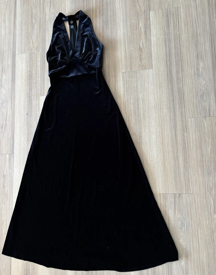 VTG Mica Dress Velvet Black Halter Neck Long Womens 4 Whimsigoth Prom Formal USA - Image 3 of 4