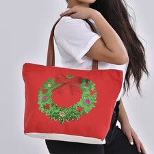 Cute Wreath Pattern Red Tote Bag with Interior Zipped Pocket & Drop Handles