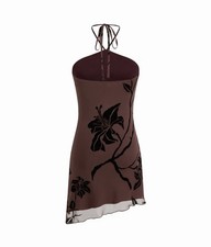 MESH HALTER NECKLINE FLORAL GRAPHIC KNOTTED ASYMMETRICAL HEM MINI DRESS