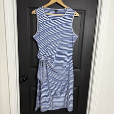 Talbots Sheath Faux Wrap Dress Sz L Stripe Knee Length Sleeveless 100% Cotton