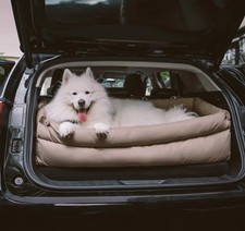 Dog Car Bed Plush Pet Travel Bed with Safety Straps, Washable Cushion