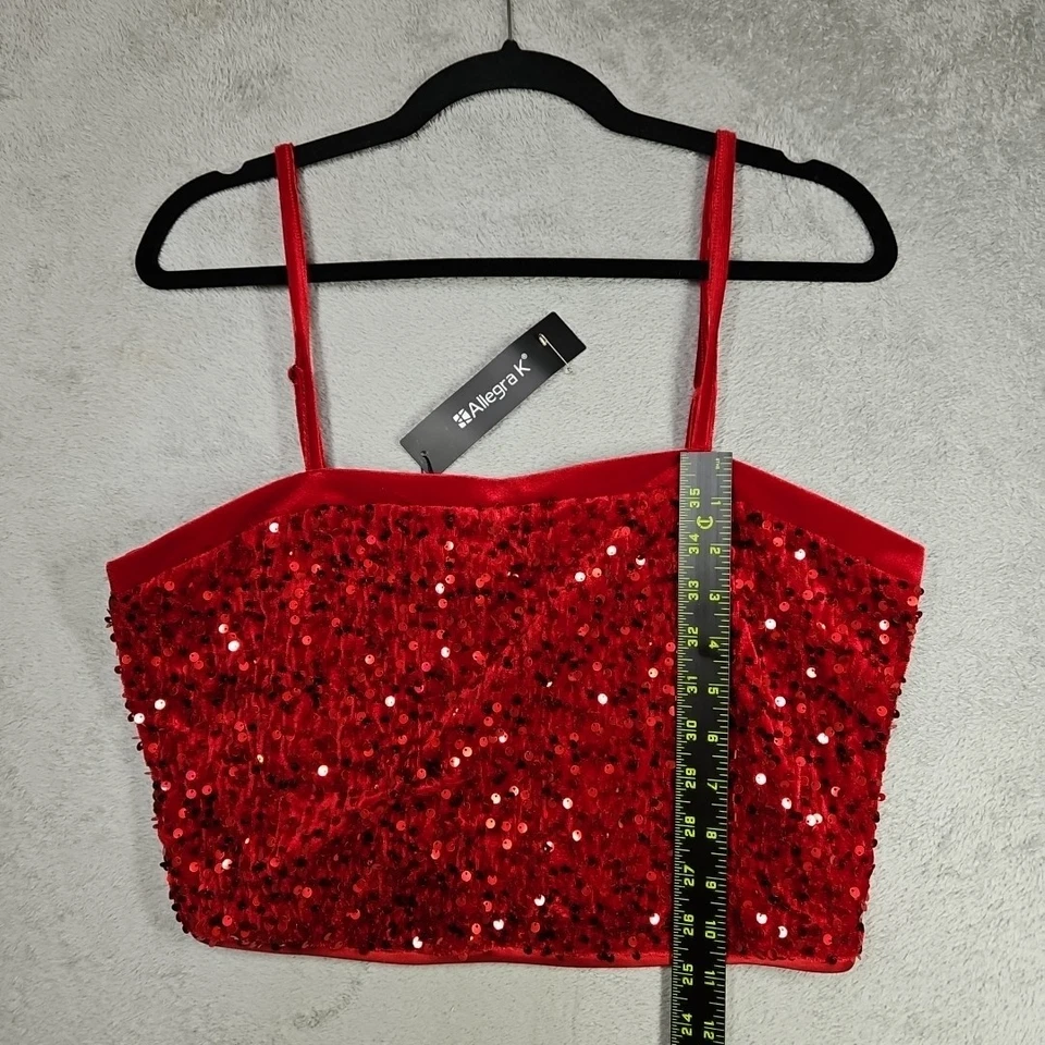Top corto Allegra K para mujer rojo rico deslumbrante lentejuelas terciopelo correas ajustables talla L nuevo con etiquetas Foto 4 de 4