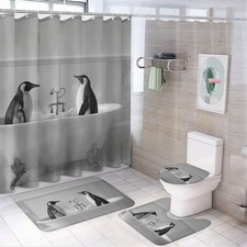 4Pcs Antarctic Penguin Shower Curtain Set, Non-Slip Rug Toilet Lid Cover Bath...