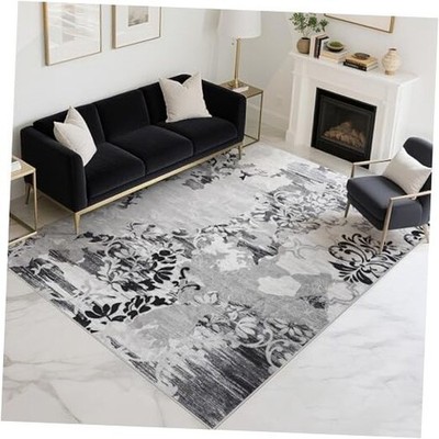 Living Room Rug Washable Abstract 6' x 9' (Rectangular) Abstract Floral - Grey