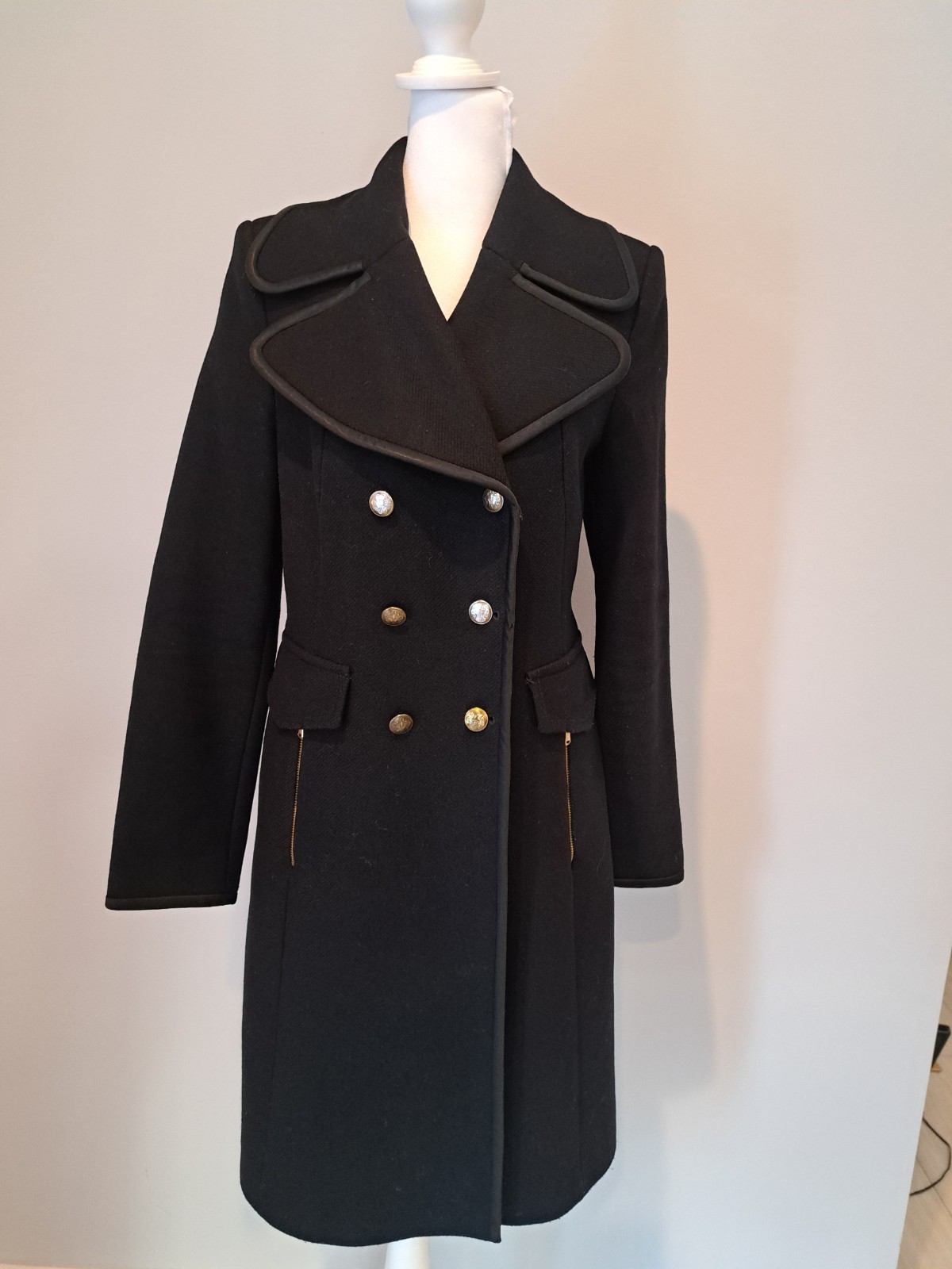 Zara Sz L Gold Button Wool Blend Tailored Coat Satin Silky Trim Zipper Pockets 