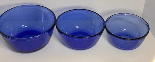 Vtg Anchor Hocking Cobalt Blue Ovenware Set Of 3 Nesting Mixing Prep Bowls Glass