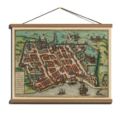 Antique 1575 Early Panoramic Map View of Bordeaux; Canvas Magnetic Wooden Hanger