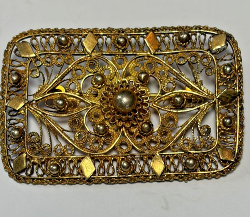 Antique Art Deco Silver Filigree Gold Vermeil Brooch Pin-1000 Fine Pure Silver