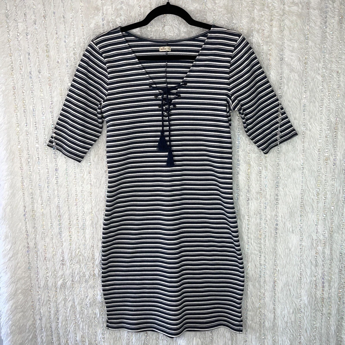 Hollister Ribbed Knit Mini Dress Size LARGE Blue White Striped