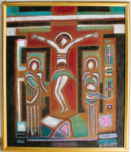 GEORGETA GIGI ARAMESCU OIL PAINTING CANVAS JUTE SIGNED TITLED CHRIST MID CENTURY - Picture 4 of 9