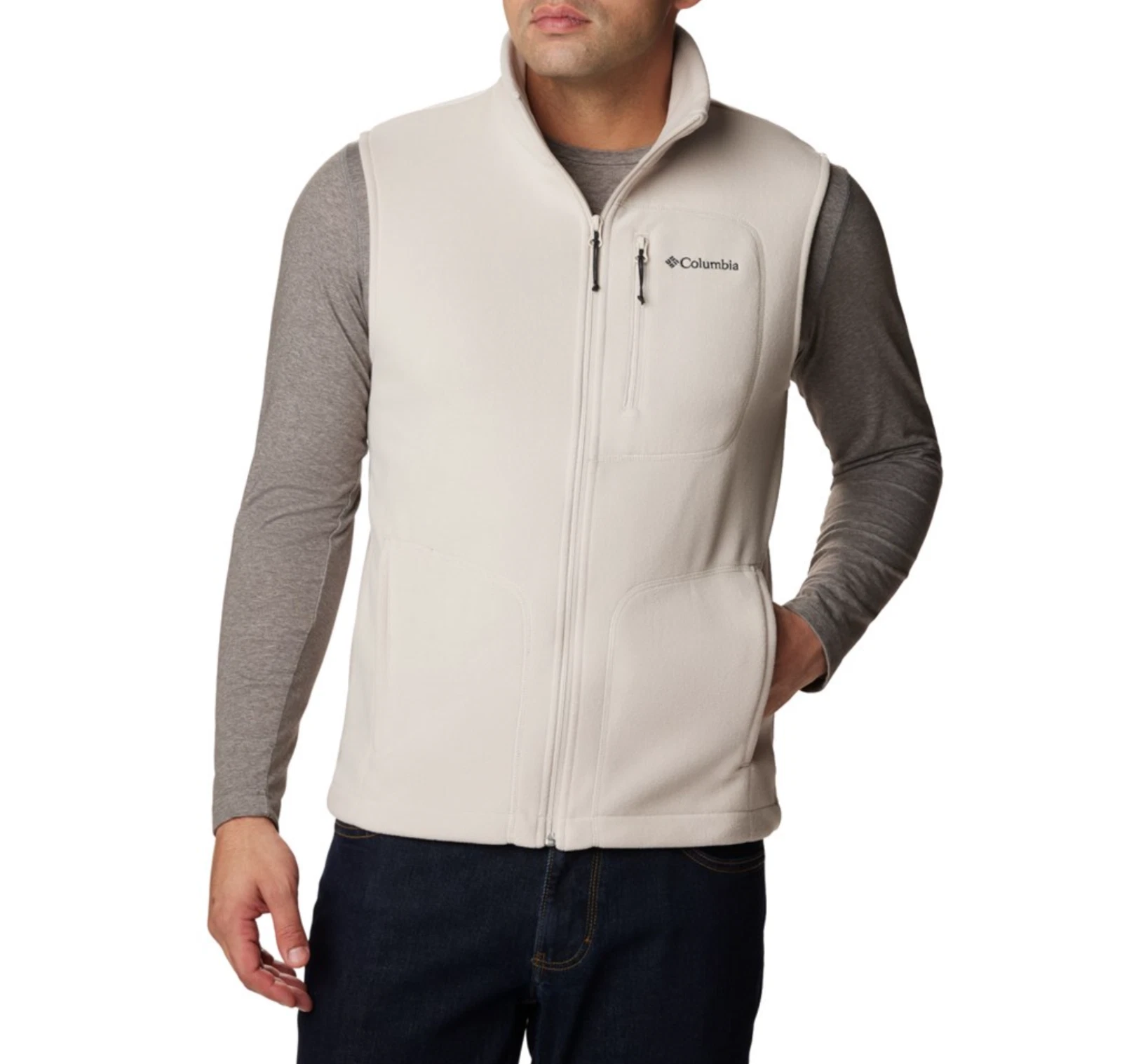 COLUMBIA MEN'S BEIGE SLEEVELESS FAST TREK FLEECE POCKET VEST Sz M