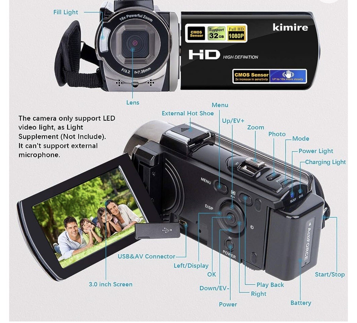 Kimire Video Camera Camcorder Digital Camera Recorder Full HD 1080P 15FPS 24MP 2