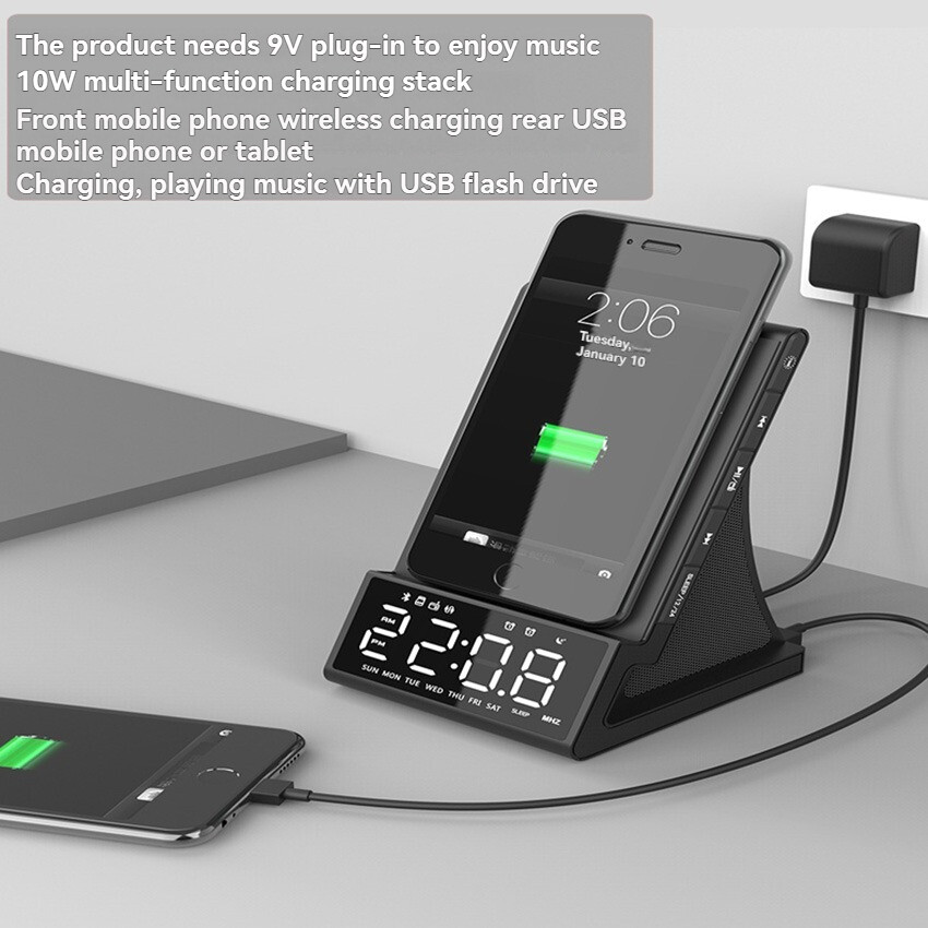 Digital LED Desk Alarm Clock Wireless Cell Phone Charger Bluetooth Speaker Radio