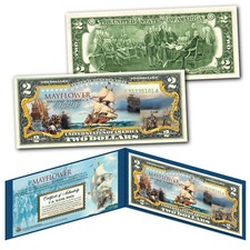 MAYFLOWER SHIP Pilgrims Voyage to New World 1620 Genuino Licitación Legal Billete de $2 de EE. UU.