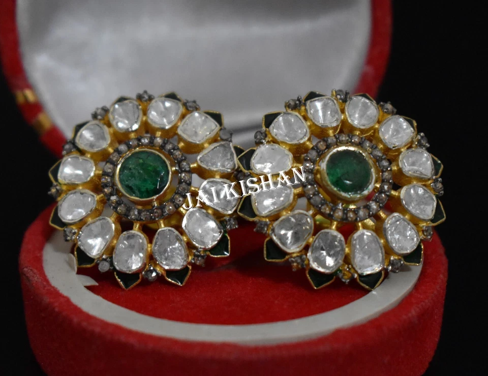 Smaragd Edelstein Polki Pave Diamant 925 Sterlingsilber Grüner Emaille Ohrring - Bild 3 von 4