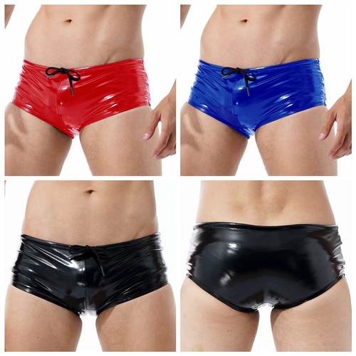 Men Wetlook PVC Leather Bikini Briefs Thong Low Rise Drawstring Shorts AU - Picture 2 of 27