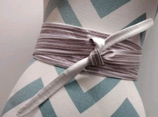 Vintage Striped Sash Silk Belt Gray White Obi Wrap Boho Hippie Era DEADSTOCK